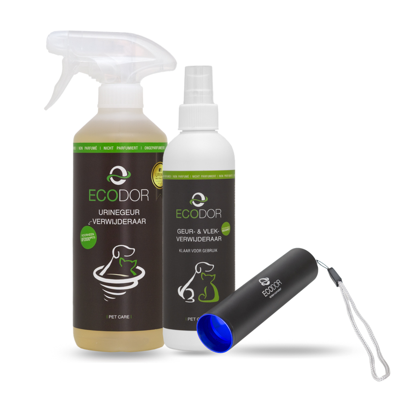 Productfoto van UF2000 4Pets urinegeurverwijderaar, een geur- en vlekverwijderaar en een UV-urinedetector.