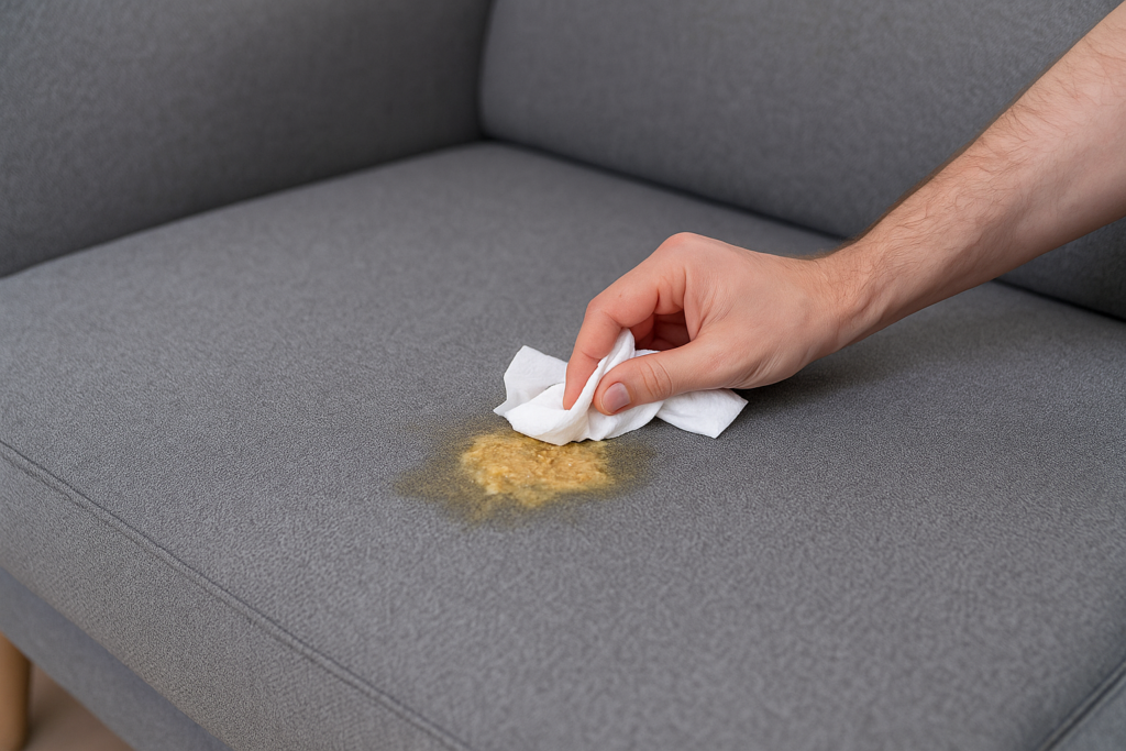 Hand, die Erbrochenes auf einem grauen Stoffsofa mit einem Tuch auftupft.