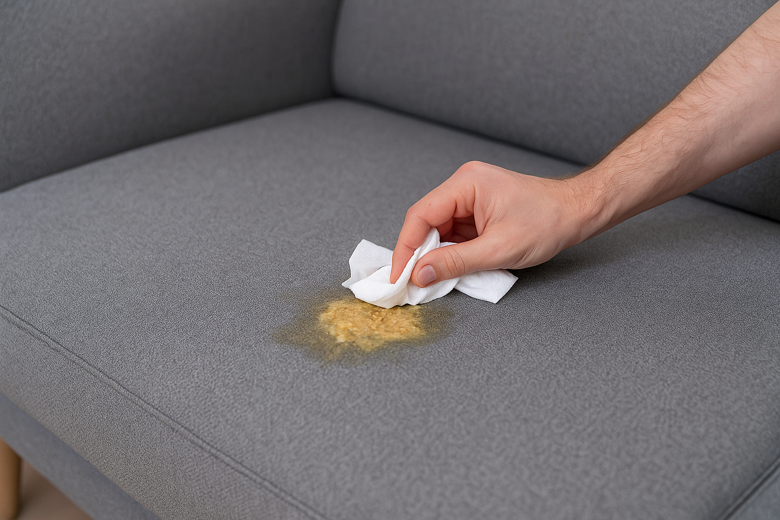 Hand, die Erbrochenes auf einem grauen Stoffsofa mit einem Tuch auftupft.