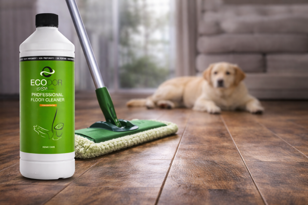 EcoFloor Bodenreiniger gegen Uringeruch auf Holzboden mit Wischmopp und Hund im Hintergrund